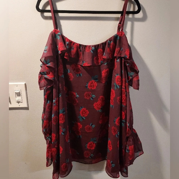 Lane Bryant Burgundy Floral Chiffon Cold Shoulder Ruffle Blouse in Size 22 - Picture 1 of 10